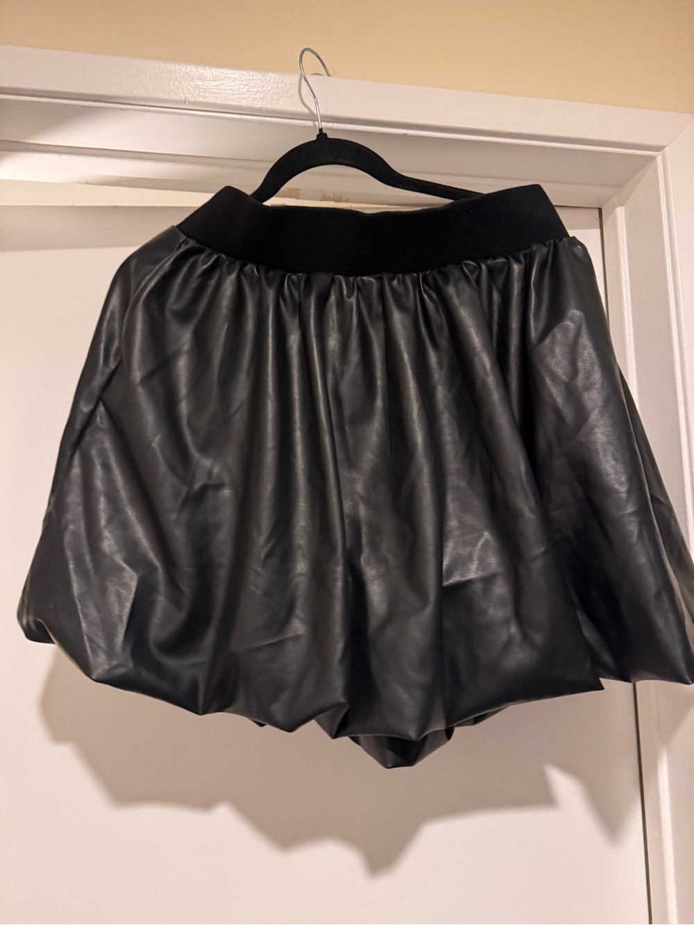EASEL Black Faux Leather Bubble Mini Skirt with Elastic Waist